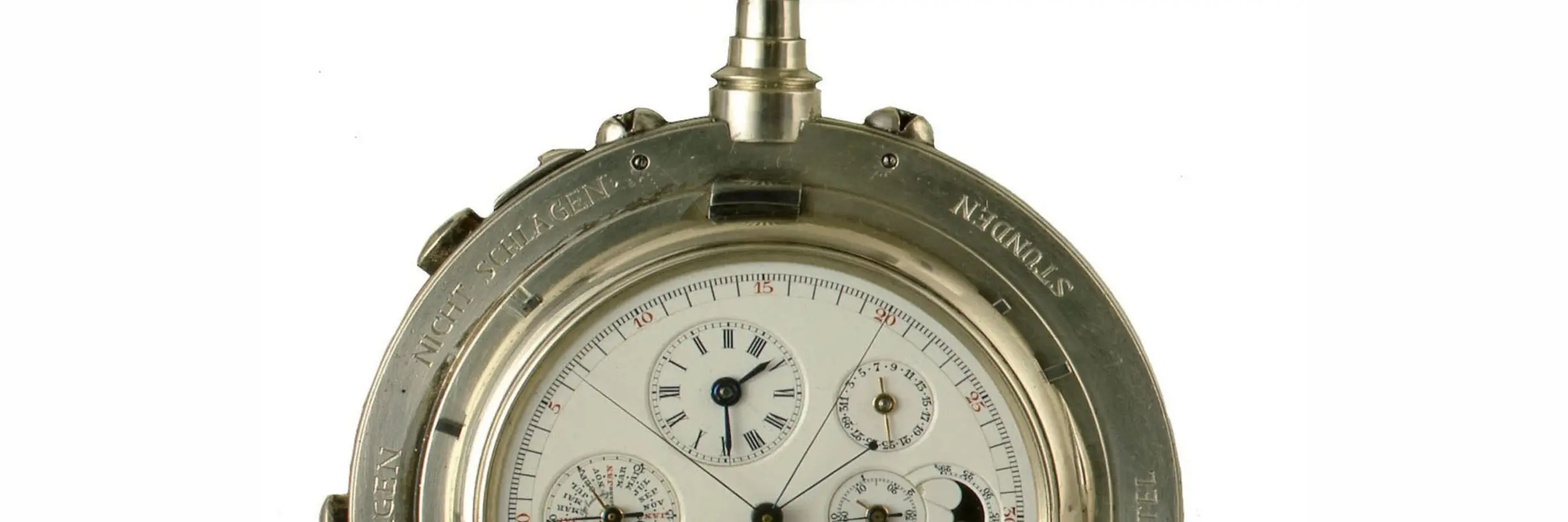 aufgeklappte Taschenuhr mit acht Ziffernblättern
